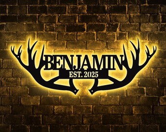 Custom Deer Antler Metal Wall Sign, Personalized Family Name Cabin Sign, Rustic Wall Art, Hunting Lodge Decor, Outdoor Ranch Metal Sign.
