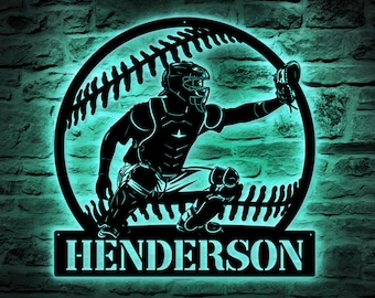 Letrero metálico personalizado de receptor de béisbol con luces LED para decoración de habitaciones