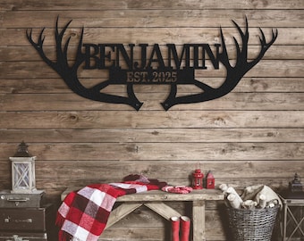 Custom Deer Antler Metal Wall Sign, Personalized Family Name Cabin Sign, Rustic Wall Art, Hunting Lodge Decor, Outdoor Ranch Metal Sign.