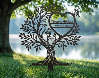Custom Tree Cross Memorial Stake, Personalized Name Metal Grave Marker, Garden Remembrance Decor