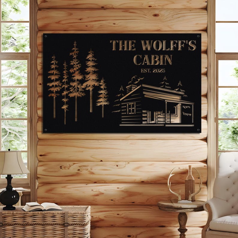 Custom Cabin Metal Sign With Pine Trees Personalized Family Name - Etsy