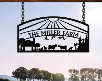 Puede incluir: Letrero de metal negro con el texto "THE MILLER FARM" y una silueta de una escena de granja, que incluye una casa, animales y árboles. El letrero está suspendido por cadenas sobre un fondo de cielo.