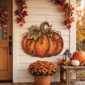 May include: A wall-mounted orange pumpkin decoration with metal scrollwork accents and two leaves, positioned above a terracotta pot filled with orange chrysanthemums, next to a wooden side table holding a lantern and two real pumpkins.