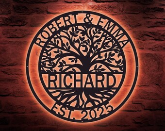 Tree of Life Metal Wall Sign, Custom Family Name Monogram