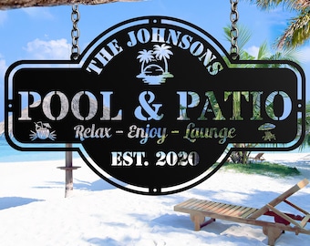 Letrero metálico personalizado para piscina, oasis en el patio, decoración de patio, casa del lago, decoración de pared exterior, letreros de piscina para regalo de exteriores.