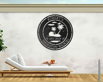 Letrero metálico personalizado para piscina, ideal para decorar paredes exteriores o patios junto a la piscina.