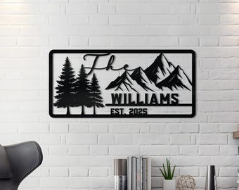 Rustic Mountain Metal Sign with Family Name for Cabin Walls or Outdoor Use