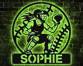 LED Softball Catcher Metal Sign with Custom Name for Girls Sports Rooms
