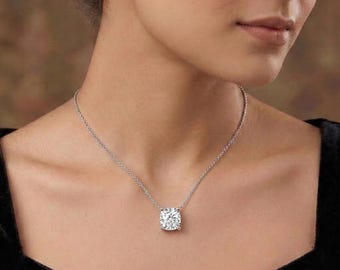 Cushion Cut Diamond Solitaire Necklace, Lab Grown Diamond Necklace, Bridal Gold Diamond Pendant, Minimalist Gift for Her Wedding Jewelry