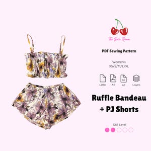 May include: A PDF sewing pattern for a ruffle bandeau and pajama shorts set featuring a purple and yellow floral print. The text includes The Girls Room, PDF Sewing Pattern, Women's XS/S/M/L/XL, Ruffle Bandeau + PJ Shorts, and Skill Level.