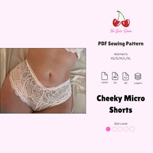 Peut inclure: Un patron de couture PDF pour un short micro effronté de The Girls Room. Le patron inclut les tailles XS, S, M, L et XL, avec des formats pour papier Letter, A4 et A0, ainsi que des calques. Le design présente un tissu en dentelle blanche à motif cachemire.