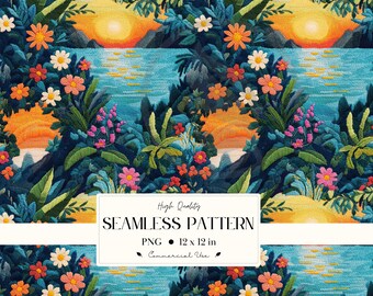 Seamless Sunrises Over The Ocean Digital Paper – 3d Embroidery Look