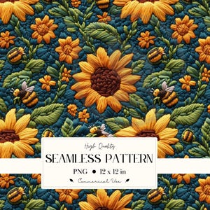 Pode incluir: Padrão sem costura com bordados de girassóis, abelhas e folhagens em tons de amarelo, laranja, verde e verde-azulado. O design inclui o texto "High Quality SEAMLESS PATTERN PNG 30,48 x 30,48 cm Commercial Use".