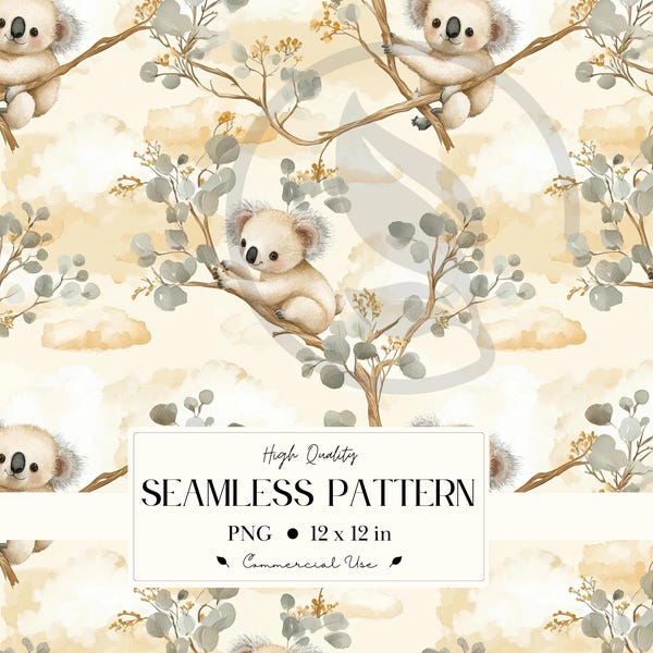 Söt Koala och Eukalyptus Seamless Mönster för Barnkammare och Baby Shower Konst - Akvarell Stil Minimal Skiss