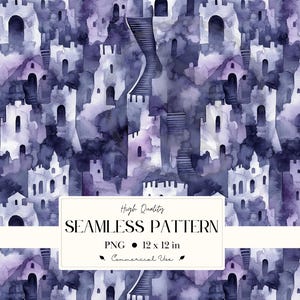 May include: Watercolor seamless pattern featuring a repeating design of castle towers in shades of purple, blue, and white. The image includes a rectangular label with the text "High Quality SEAMLESS PATTERN" and dimensions of 12 x 12 inches.