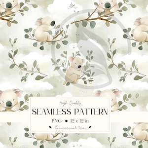 Puede incluir: Patrón sin costuras con ilustraciones de acuarela de koalas en ramas con hojas verdes. El fondo tiene un diseño suave y nublado. El patrón mide 30,48 x 30,48 cm y es adecuado para uso comercial.