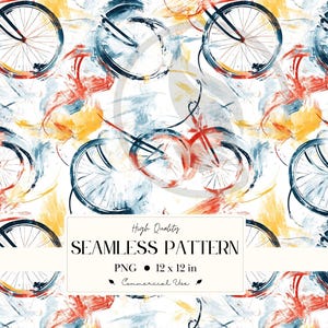 Puede incluir: Patrón sin costuras con ruedas de bicicleta en estilo pictórico. El diseño incorpora pinceladas abstractas en rojo, azul y amarillo sobre fondo blanco. Incluye el texto "High Quality SEAMLESS PATTERN PNG 30.48 x 30.48 cm Commercial Use."