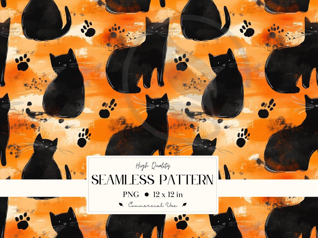 Black Cat Seamless Pattern Halloween Orange Background Digital Paper ...