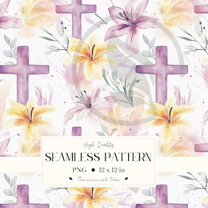 Puede incluir: Patrón sin costuras con ilustraciones de acuarela de cruces moradas y lirios en amarillo y rosa. El diseño incluye follaje verde sobre un fondo blanco. El patrón mide 30,48 x 30,48 cm.