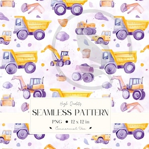 Puede incluir: Patrón sin costuras de acuarela con camiones volquete amarillos, excavadoras y otros vehículos de construcción sobre un fondo blanco con acentos morados. Se muestra el texto "SEAMLESS PATTERN". El patrón mide 30,48 x 30,48 cm.