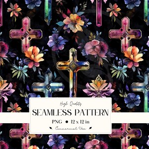 May include: Seamless pattern featuring watercolor crosses and floral elements in shades of purple, orange, and blue on a black background. The design includes a repeating pattern of crosses and flowers. The image text reads "High Quality SEAMLESS PATTERN PNG 12 x 12 in Commercial Use."