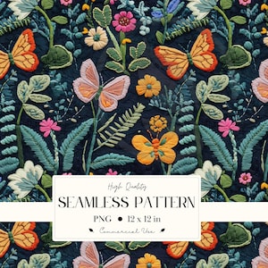 May include: A seamless pattern with embroidered butterflies and flowers in orange, pink, yellow, and green on a dark blue backdrop. The design includes various floral elements and foliage. The image also includes the text "High Quality SEAMLESS PATTERN PNG 12 x 12 in Commercial Use."