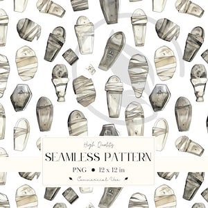 May include: Seamless pattern featuring watercolor illustrations of mummies, sarcophagi, and other ancient Egyptian elements in shades of gray and beige. The pattern includes the text "High Quality SEAMLESS PATTERN PNG 12 x 12 in Commercial Use".