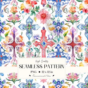 Op de afbeelding: Naadloos aquarelpatroon met sierlijke kruisen, bloemmotieven en krullen in rood, blauw, oranje en paars op een witte achtergrond. Het patroon bevat de tekst "High Quality SEAMLESS PATTERN" en "PNG • 12 x 12 in • Commercial Use."
