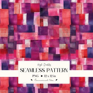 May include: Seamless pattern featuring a watercolor design with overlapping rectangular shapes in shades of red, pink, and purple. The pattern includes the text "High Quality SEAMLESS PATTERN PNG 12 x 12 in Commercial Use".