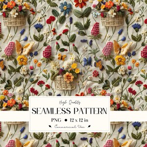 以下が含まれることがあります： クリーム色の背景に、刺繍された花、蝶、バスケットをあしらったシームレスパターン。赤、オレンジ、黄色、青、ピンクの花柄のデザイン。パターンは30.48 x 30.48 cmです。