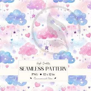 May include: Watercolor seamless pattern featuring pink and blue clouds, stars, and hearts on a white background. The design includes the text "High Quality SEAMLESS PATTERN" and is 12 x 12 inches.