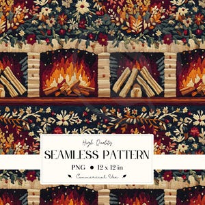 May include: Seamless pattern featuring a repeating design of fireplaces with burning flames and stacked logs. The pattern includes floral and foliage elements in shades of red, orange, and green. The image includes the text "High Quality SEAMLESS PATTERN PNG 12 x 12 in Commercial Use."