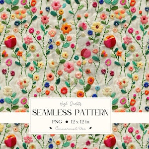 以下が含まれることがあります： 白地にピンク、オレンジ、黄色、青色の刺繍の花が施されたシームレスパターン。緑色の茎と葉があり、さまざまな花の形とサイズがデザインされています。「High Quality SEAMLESS PATTERN PNG 30.48 x 30.48 cm Commercial Use」の文字も含まれています。