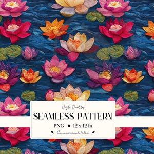 May include: Seamless pattern featuring colorful water lilies in shades of pink, orange, and yellow, set against a dark blue water background. The design includes lily pads and buds. The pattern is 12 x 12 inches.