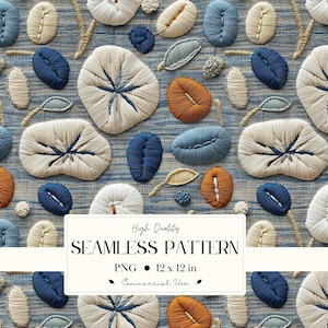 Puede incluir: Un patrón sin costuras con diseños florales y de hojas bordadas en tonos azules, beige y naranja sobre un fondo azul texturizado. El patrón incluye el texto "High Quality SEAMLESS PATTERN PNG 30.48 x 30.48 cm Commercial Use".