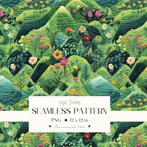 May include: A seamless pattern featuring a vibrant, embroidered landscape with rolling green hills, colorful flowers, and lush foliage. The design includes a variety of blooms in shades of pink, yellow, and orange. The image includes the text "High Quality SEAMLESS PATTERN PNG 12 x 12 in Commercial Use."