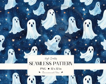 Spooky Ghost Seamless Pattern - Halloween Background, Mystical Stars, Digital Download, , Night Sky Design, Commercial Use