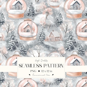Può includere: Motivo senza cuciture con palle di neve, case in miniatura e alberi sempreverdi su sfondo grigio. Le palle di neve hanno una base rosa chiaro. Il testo "High Quality SEAMLESS PATTERN" è visualizzato su un rettangolo bianco.