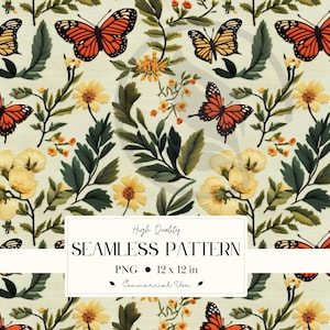 Peut inclure: Motif sans couture avec des papillons orange et jaunes, des fleurs et des feuilles vertes sur fond crème. Le motif comprend divers éléments floraux et papillons. L'image comprend le texte "High Quality SEAMLESS PATTERN PNG 12 x 12 in Commercial Use."