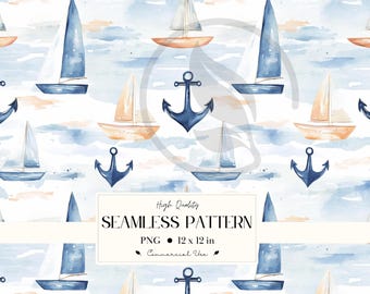 Segelboot und Anker Aquarell Musterdesign für's Kinderzimmer