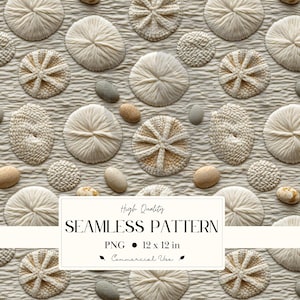 Puede incluir: Patrón sin costuras con formas circulares y ovaladas en blanco roto, junto con pequeñas piedras lisas de forma ovalada en tonos beige y gris. El diseño incorpora texturas tejidas y trenzadas, creando una superficie táctil y visualmente interesante. El patrón es de 30,48 x 30,48 cm.