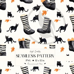 Op de afbeelding: Een naadloos patroon met zwarte katten, zwarte laarzen met gestreepte sokken en oranje herfstbladeren op een witte achtergrond. Het patroon bevat de tekst "High Quality SEAMLESS PATTERN PNG 12 x 12 in Commercial Use".