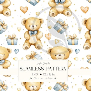May include: Watercolor seamless pattern featuring tan teddy bears with blue bows, blue gift boxes, and gold hearts and stars on a white background. The text "SEAMLESS PATTERN" is displayed in the center of the image.