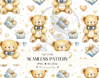 Adorabile motivo senza cuciture con orsetto di peluche per baby shower, cameretta dei bambini e libro di fiabe