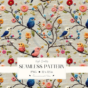 May include: Seamless pattern with embroidered birds and flowers. The design shows blue, pink, and yellow birds on branches with red, pink, and orange flowers. The pattern is 30.48 cm x 30.48 cm.