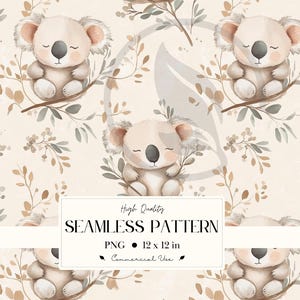 May include: A seamless pattern of watercolor koala bears, each with closed eyes, perched on branches amidst leaves. The background is a soft beige with brown and grey accents. The image includes the text "High Quality SEAMLESS PATTERN PNG 30.48 x 30.48 cm Commercial Use."