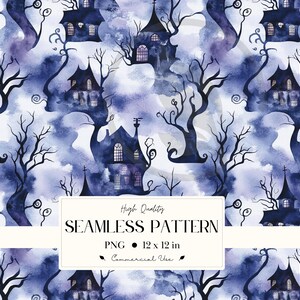 May include: A seamless pattern design with watercolour illustrations of spooky houses and bare trees in blue and purple hues. The design includes the text "High Quality SEAMLESS PATTERN PNG 12 x 12 in Commercial Use".