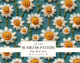 Cheerful Daisy Blooms Repeating Pattern – High Quality Embroidery Print