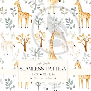 Può includere: Motivo acquerello senza cuciture con giraffe, alberi e fogliame nei toni del beige, marrone e grigio su sfondo bianco. Il design include il testo "High Quality SEAMLESS PATTERN PNG 12 x 12 in Commercial Use."