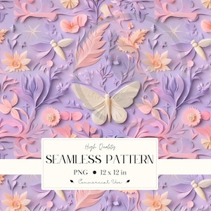 Peut inclure: Motif sans couture avec des papillons, des fleurs et des feuilles dans des tons de lavande, rose et pêche. Le motif est répété sur une surface de 30,48 cm x 30,48 cm. Le texte "High Quality SEAMLESS PATTERN" est inclus.